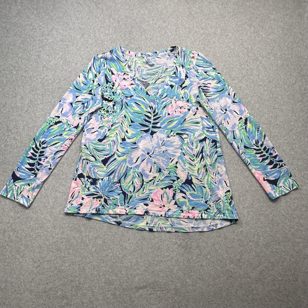 Lilly Pulitzer Etta V Neck Top Womens XS Blue Tropical Floral Long Sleeve Light